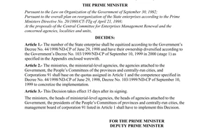 Decision No.51/2000/QD-TTg of May 03, 2000 assigning the quotas for Requitization and diversification of the forms of ownership of state enterprises (1 Stage) in 2000