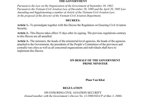 Decree No. 11/2000/ND-CP of May 03, 2000, promulgating the regulation on ensuring civil aviation security