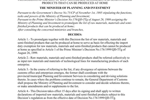 Decision No. 230/2000/QD-BKH of May 04, 2000, promulgating the list of raw materials, materials and semi-finished products that can be produced at home