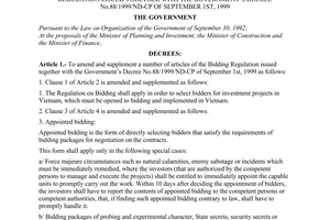 Decree No. 14/2000/ND-CP of May 05, 2000, amending and supplementing a number of articles of the bidding regulation issued together with the Government’s Decree No.88/1999/ND-CP of September 1st, 1999