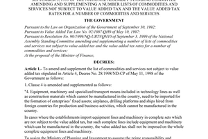 Decree No. 15/2000/ND-CP of May 09, 2000, detailing the implementation of Resolution No. 90/1999/NQ-UBTVQH10 of September 3, 1999 of the National Assembly standing committee amending and supplementing a number lists of commodities and services not subject to value added tax and the value added tax rates for a number of commodities and services