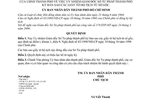 Quyết định 20/2000/QĐ-UB ủy nhiệm giám đốc sở tư pháp thành phố ký bản sao các giấy tờ hộ tịch từ sổ gốc