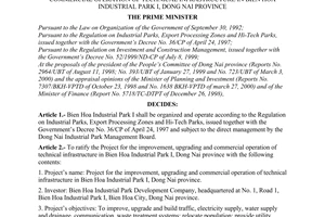 Decision No. 436/QD-TTg of May 12, 2000, ratifying the project for the improvement, upgrading and commercial operation of technical infrastructure in Bien Hoa industrial park I, Dong Nai province