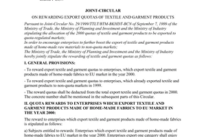 Joint circular No. 12/2000/TTLT-BTM-BKHDT-BCN of  May 12, 2000, on rewarding export quotas of textile and garment products