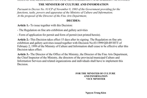 Decision No. 10/2000/QD-BVHTT of May 15, 2000, issuing the regulation on fine arts exhibition and gallery activities