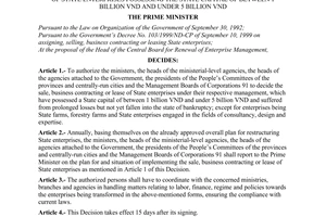 Decision No.55/2000/QD-TTg of May 22, 2000 on authorization to decide the sale, business contracting or lease of state enterprises possessing the state capital of between 1 billion VND and under 5 billion VND