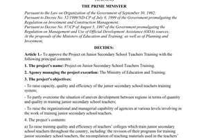 Decision No.494/QD-TTg of May 23, 2000 approving the project on junior secondary school teachers training