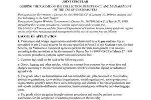 Joint circular No.45/2000/TTLT-BTC-TCHQ of May 23, 2000 guiding the regime on the collection, remittance and management of the use of customs fees