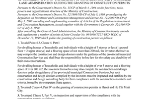 Circular No.03/2000/TT-BXD of May 25, 2000 amending and supplementing Joint-Circular No. 09/1999/TTLT-BXD-TCDC of December 10, 1999 of the ministry of construction and the general land administration guiding the granting of construction permits