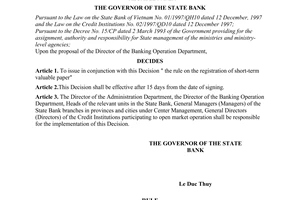 Decision No. 171/2000/QD-NHNN13 of May 25th, 2000, on the issuance of the rule on the registration of short-term valuable paper