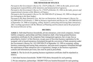 Decision No.83/2000/QD-BTC of May 29, 2000 promulgating the fee levels for granting business registration certificates
