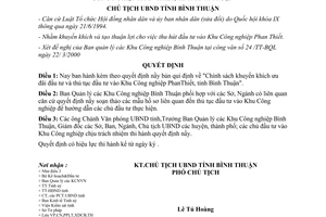 Quyết định 22/2000/QĐ-CTUBBT ưu đãi đầu tư thủ tục đầu tư Khu Công nghiệp PhanThiết Bình Thuận