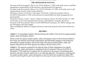 Decision No.90/2000/QD-BTC of June 01, 2000 promulgating the tables of fee levels for aquatic product quality, safety and hygiene control