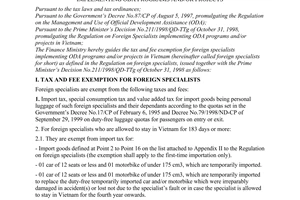 Circular No.52/2000/TT-BTC of June 05, 2000 guiding the tax and fee exemption for foreign specialists implementing ODA programs and/or projects