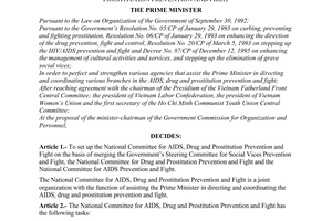 Decision No.61/2000/QD-TTg of June 05, 2000 on setting up the national committee for aids, drug and prostitution prevention and fight