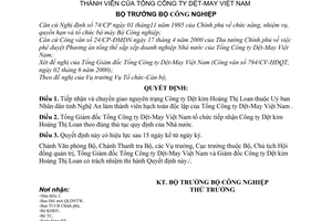 Quyết định 36/2000/QĐ-BCN  tiếp nhận chuyển giao Công ty Dệt kim Hoàng Thị Loan làm thành viên Tổng Công ty Dệt-May Việt Nam