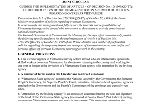 Joint circular No.03/2000/TTLT/TCHQ-BNG of June 06, 2000 guiding the implementation of Article 4 of Decision No. 10/1999/QD-TTg of October 27, 1999 of the prime minister on a number of policies regarding overseas Vietnamese