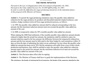 Decision No. 65/2000/QD-TTg, on reducing the payable value added tax for sugar-producing enterprises, promulgated by the Prime Minister of Government