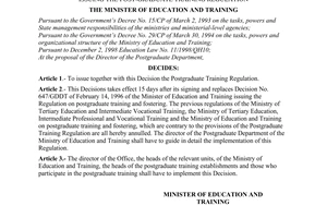 Decision No.18/2000/QD-BGDDT of the Ministry of Education and Training, issuing the post-graduate training regulation