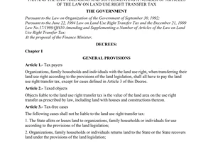 Decree of Government No. 19/2000/ND-CP, detailing the implementation of the Law on land use right transfer Tax and the Law amending and supplementing a number of articles of the Law on land use right transfer Tax