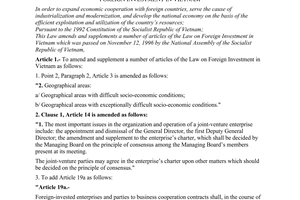 Law No.18/2000/QH10, amending and supplementing a number of articles of the Law on Foreign Investment in Vietnam, passed by the National Assembly