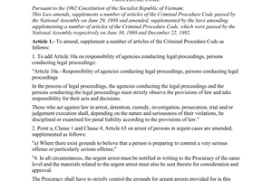 Law No. 20/2000/QH10, amending and supplementing a number of articles of the Criminal Procedure Code, passed by the National Assembly
