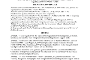 Decision No. 95/2000/QD-BTC of June 09, 2000 promulgating the regulation on management, collection, remittance and use of state enterprise restructure and equitization support funds