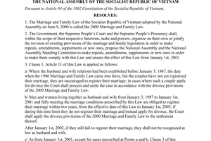 Resolution No. 35/2000/QH10, on the implementation of the Marriage and Family Law, passed by the National Assembly