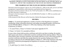 Decision No. 42/2000/QD-UBCK1 of June 12, 2000 amending and supplementing a number of articles of the regulation on securities membership, listing, information disclosure and trading, promulgated together with Decision No. 04/1999/QD-UBCK1 of March 27, 1999 of the chairman of The State securities commission
