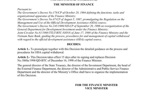 Decision No. 96/2000/QD-BTC of June 12, 2000 promulgating the detailed guidance on the process and procedures for ODA capital withdrawal