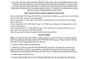 Quyết định 43/2000/QĐ-UBCK3  Quy chế lưu ký, thanh toán bù trừ và đăng ký chứng khoán sửa đổi Quyết định 05/1999/QĐ-UBCK3