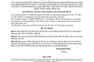 Quyết định 816/2000/QĐ-TWĐTN Quy chế tổ chức hoạt động Đội tri thức trẻ tinh nguyện tham gia phát triển nông thôn miền núi