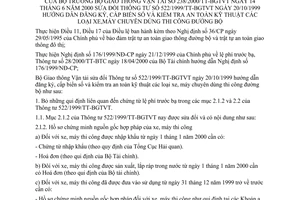 Thông tư 238/2000/TT-BGTVT đăng ký, cấp biển số và kiểm tra an toàn kỹ thuật các loại xe, máy chuyên dùng thi công đường bộ