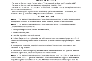 Decision No. 67/2000/QD-TTg of June 15, 2000 on the establishment of the National Council on water resources
