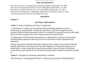 Decree of Government No. 20/2000/ND-CP of June 15, 2000 on sanctioning administrative violations in the monetary field and banking operations