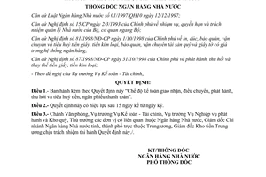 Quyết định 185/2000/QĐ-NHNN2 Chế độ kế toán giao nhận, điều chuyển, phát hành, thu hồi và tiêu huỷ tiền, ngân phiếu thanh toán