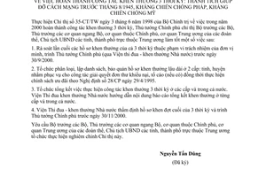 Chỉ thị 12/2000/CT-TTg hoàn thành công tác khen thưởng 3 thời kỳ thành tích giúp đỡ cách mạng trước tháng 8/1945 kháng chiến chống Pháp chống Mỹ