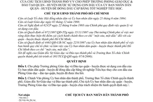 Quyết định 39/2000/QĐ-UB cho phép Trưởng phòng Giáo dục Đào tạo quận huyện sử dụng con dấu UBND quận huyện đóng dấu cấp bằng tốt nghiệp Tiểu học