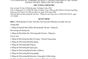 Quyết định 71/2000/QĐ-TTg thành lập Ban Tổ chức triển lãm Việt Nam 2000