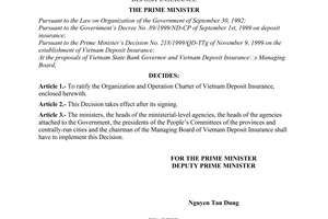 Decision No. 75/2000/QD-TTg of June 28, 2000 ratifying the organization and operation charter of Vietnam Deposit Insurance