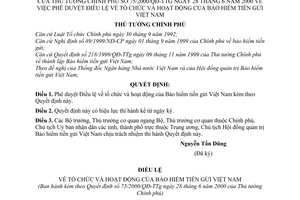 Quyết định 75/2000/QĐ-TTg phê duyệt Điều lệ tổ chức hoạt động  Bảo hiểm tiền gửi Việt Nam
