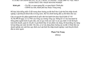 Công văn 2911-TC/TCT miễn giảm thuế thu nhập doanh nghiệp