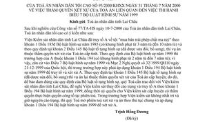 Công văn 93/2000/KHXX thẩm quyền xét xử của Toà án liên quan đến thi hành Bộ luật hình sự năm 1999