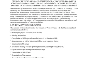 Circular No.07/2000/TT-BKH of July 03, 2000 guiding the amendments and supplements to a number of contents of Circular No. 06/1999/TT-BKH of November 24, 1999 of The Ministry of Planning and investment guiding the contents of total investment, dossiers on investment project evaluation and investment reports