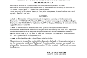 Decision No. 80/2000/QD-TTg, assigning the quotas on equitization and diversification of the forms of ownership of state enterprises (stage 2) in 2000, promulgated by the Prime Minister of Government