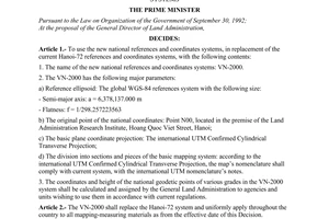 Decision No. 83/2000/QD-TTg, on the use of Vietnam’s national References and Coordinates Systems, promulgated by the Prime Minister of Government