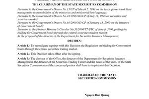 Decision No. 59/2000/QD-UBCK of the State Securities Commission, on promulgating the regulation on bidding for government bonds through the central securities trading market
