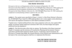 Decision No. 84/2000/QD-TTg of July 14, 2000 article 1 of The Prime Minister’s Decision No. 50/2000/QD-TTg of April 24, 2000 ratifying Hanoi city’s water supply system planning to 2010 and its development orientation to 2020