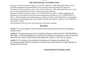 Decision No.14/2000/QD-BXD of July 20, 2000 promulgating investment and construction consultancy expense norms