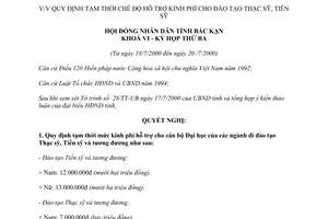 Nghị quyết 07/2000/NQ-HĐND KVI quy định tạm thời chế độ hỗ trợ kinh phí đào tạo thạc sỹ tiến sỹ Bắc Kạn